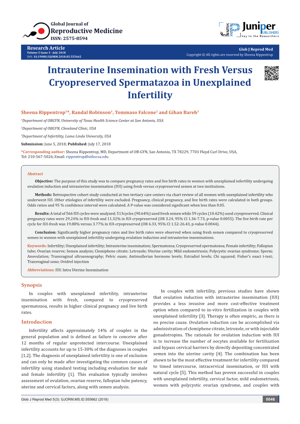 Intrauterine Insemination with Fresh Versus Cryopreserved Spermatazoa in Unexplained Infertility
