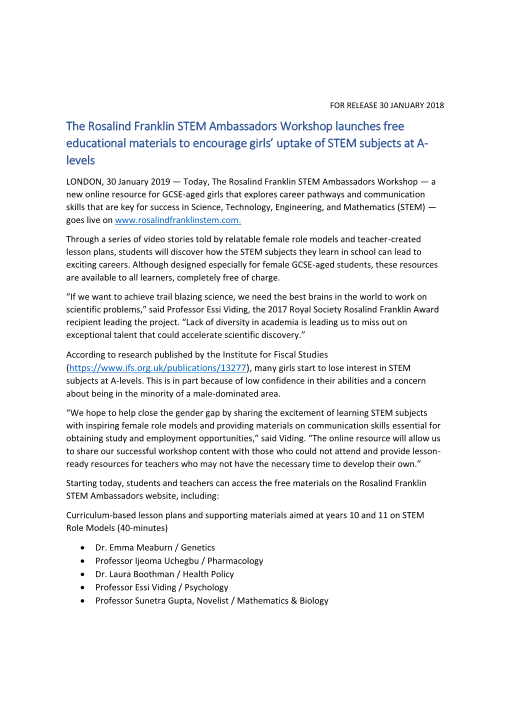 The Rosalind Franklin STEM Ambassadors Workshop Launches Free Educational Materials to Encourage Girls' Uptake of STEM Subject