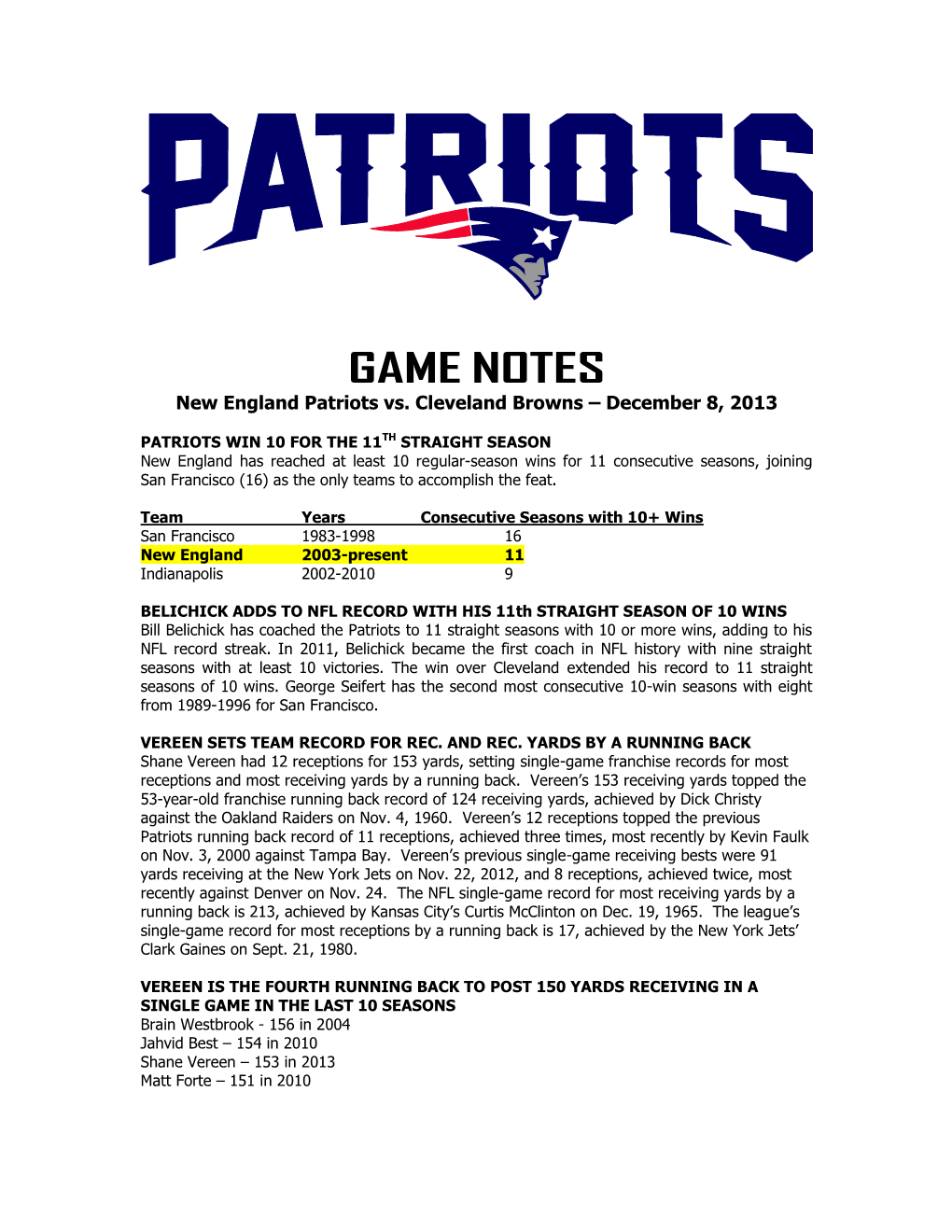 Patriots at Philadelphia Game Notes