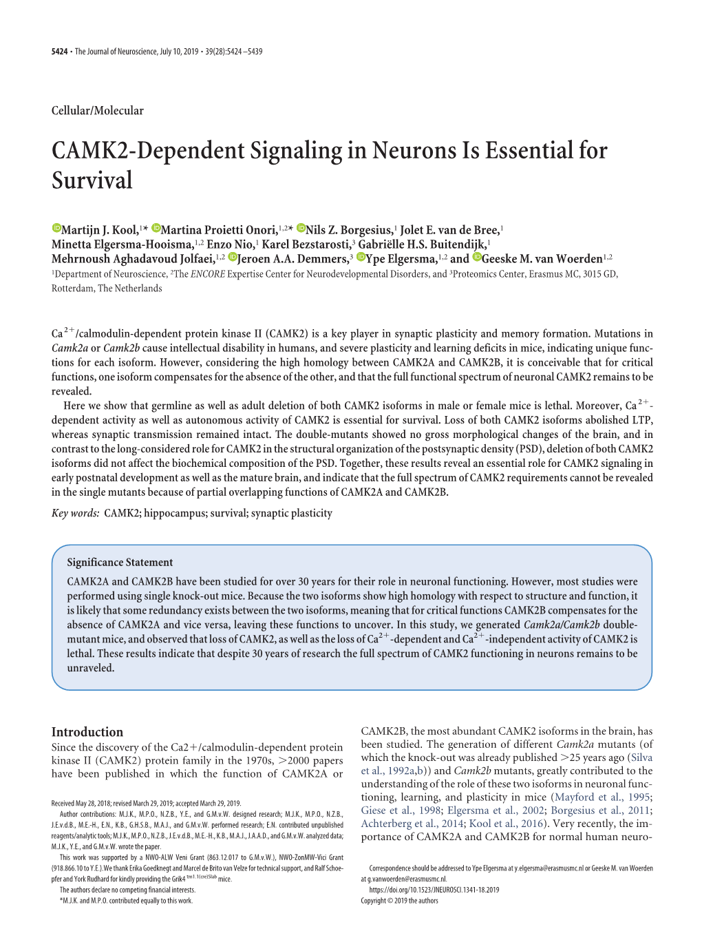 CAMK2-Dependent Signaling in Neurons Is Essential for Survival