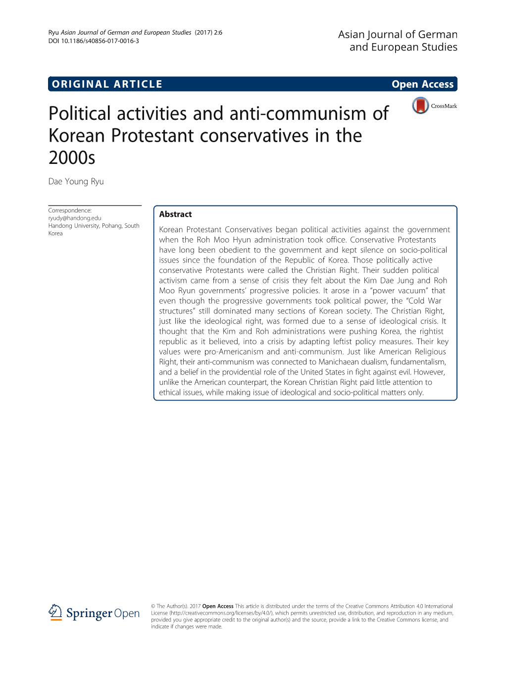 Political Activities and Anti-Communism of Korean Protestant Conservatives in the 2000S Dae Young Ryu