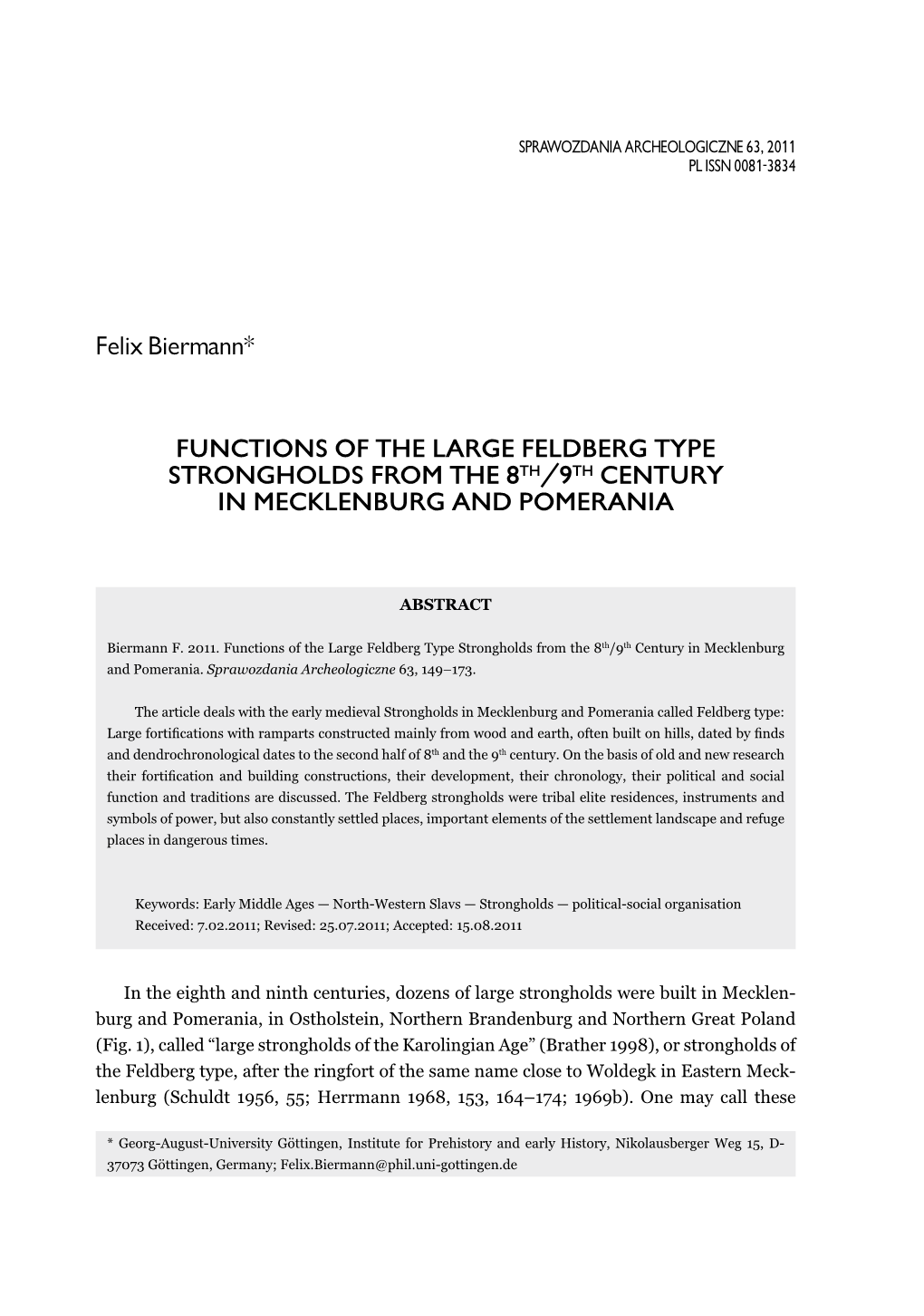 Functions of the Large Feldberg Type Strongholds from the 8Th/9Th Century in Mecklenburg and Pomerania