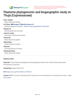 Plastome Phylogenomic and Biogeographic Study on Thuja (Cupressaceae)