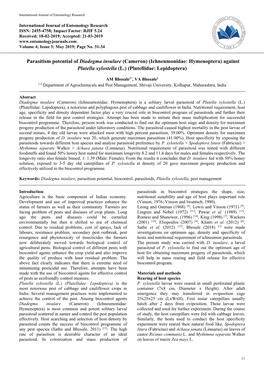 Parasitism Potential of Diadegma Insulare (Cameron) (Ichneumonidae: Hymenoptera) Against Plutella Xylostella (L.) (Plutellidae: Lepidoptera)