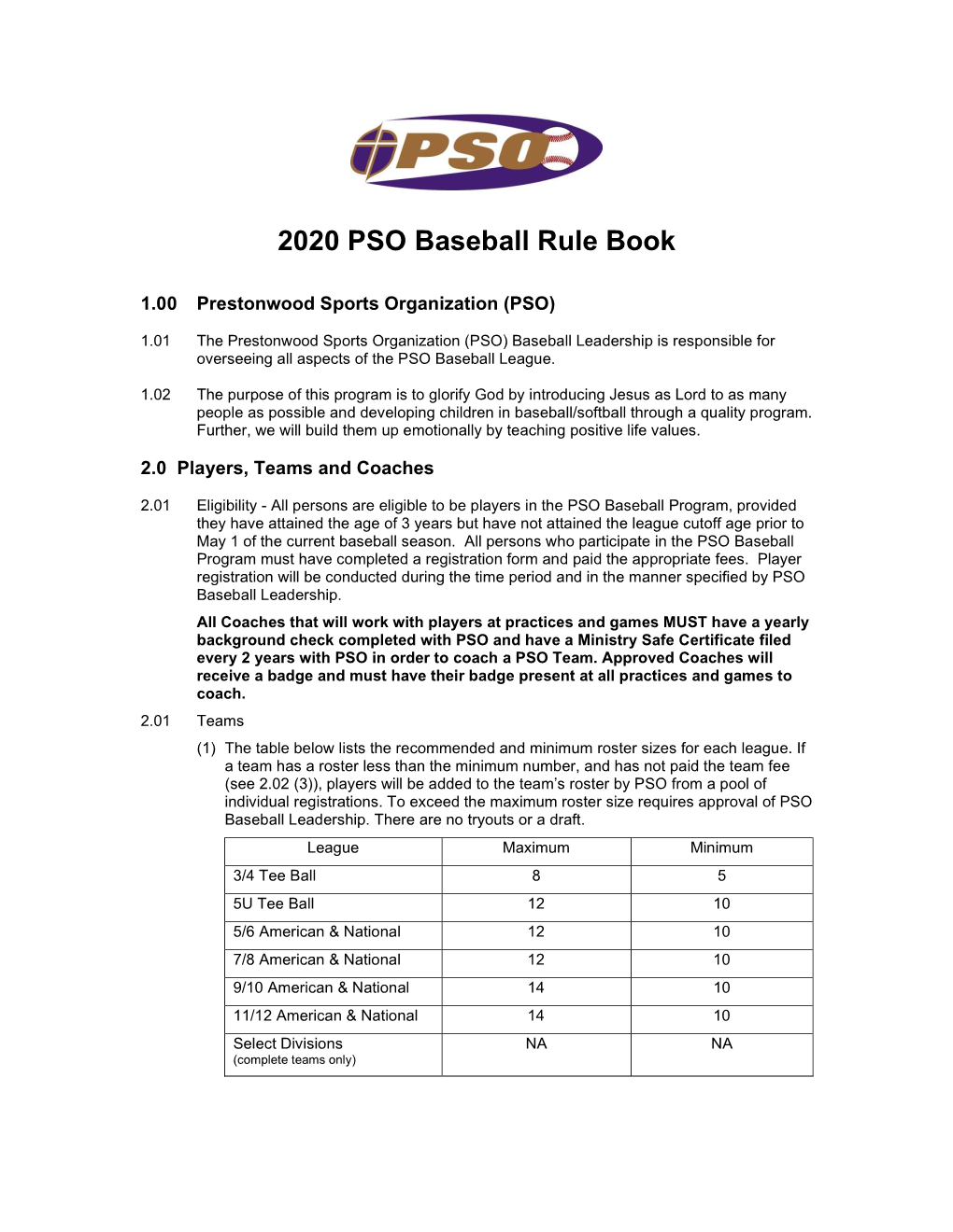 2020 PSO Baseball Rule Book