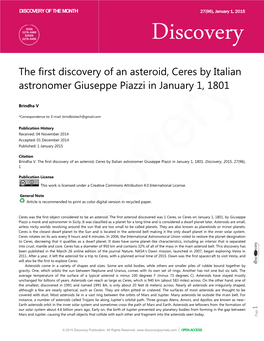 The First Discovery of an Aster Astronomer Giuseppe Piazzi in St
