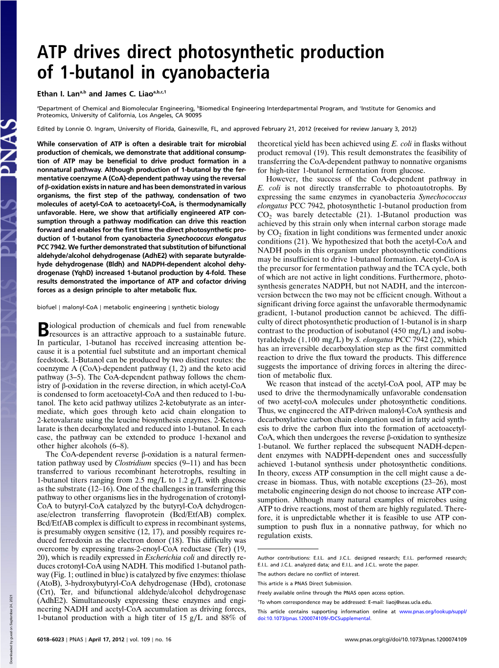 ATP Drives Direct Photosynthetic Production of 1-Butanol in Cyanobacteria