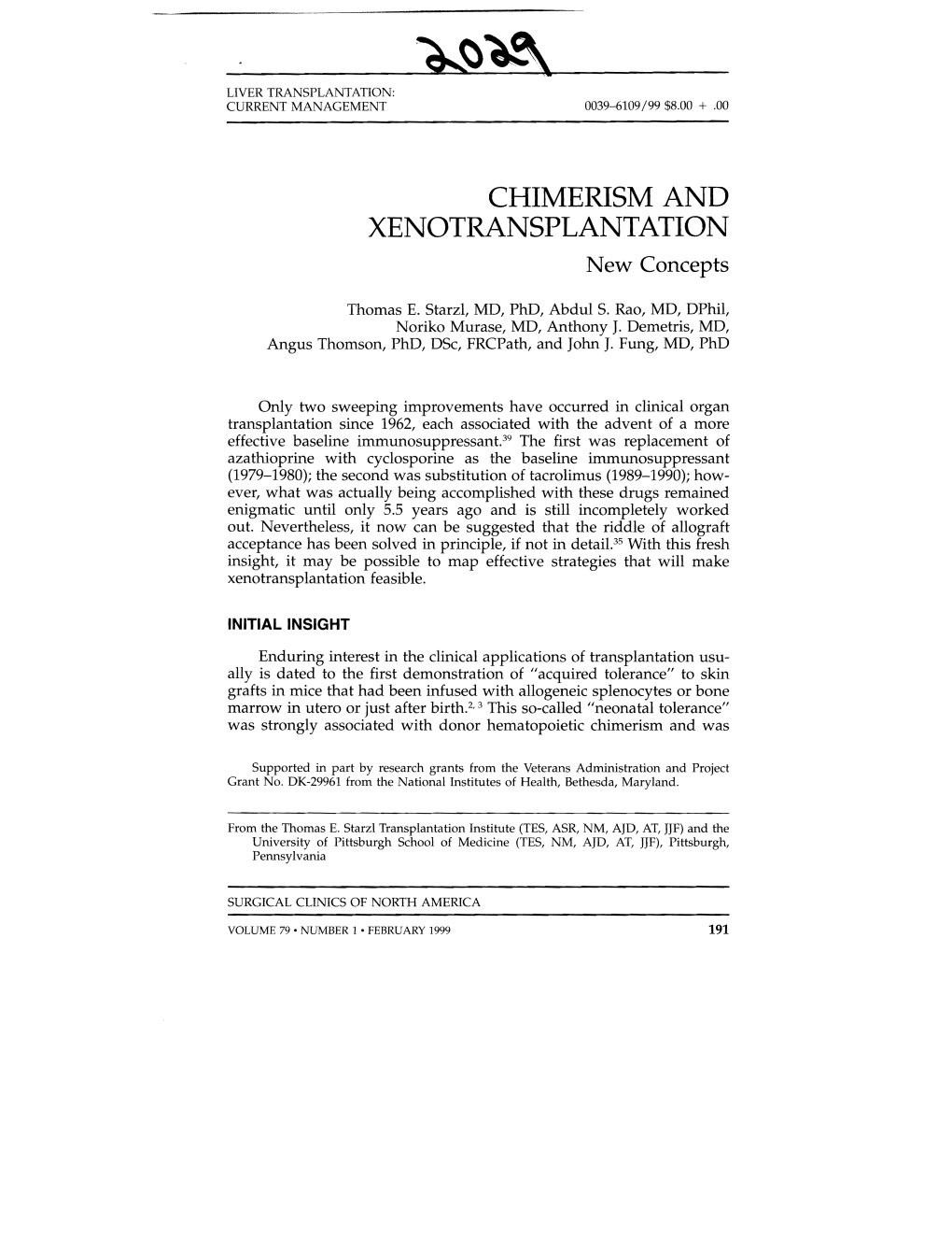 CHIMERISM and XENOTRANSPLANTATION New Concepts