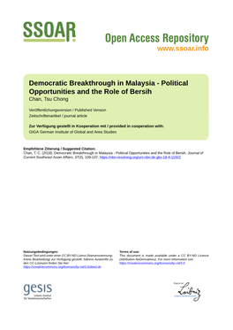 Democratic Breakthrough in Malaysia – Political Opportunities and the Role of Bersih, In: Journal of Current Southeast Asian Affairs, 37, 3, 109–137
