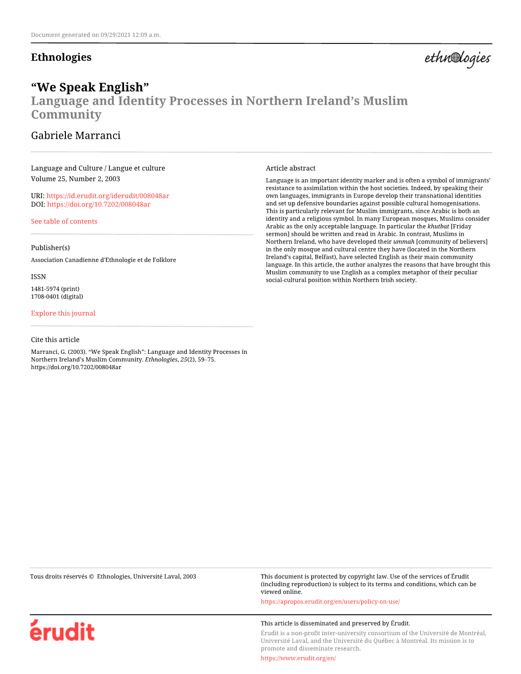 Language and Identity Processes in Northern Ireland's Muslim