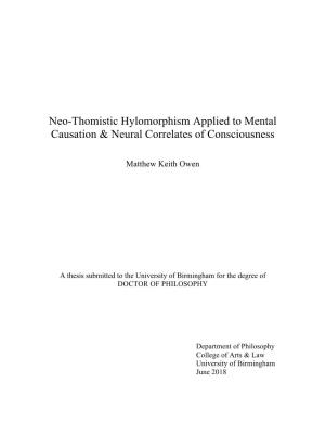 Neo-Thomistic Hylomorphism Applied to Mental Causation and Neural