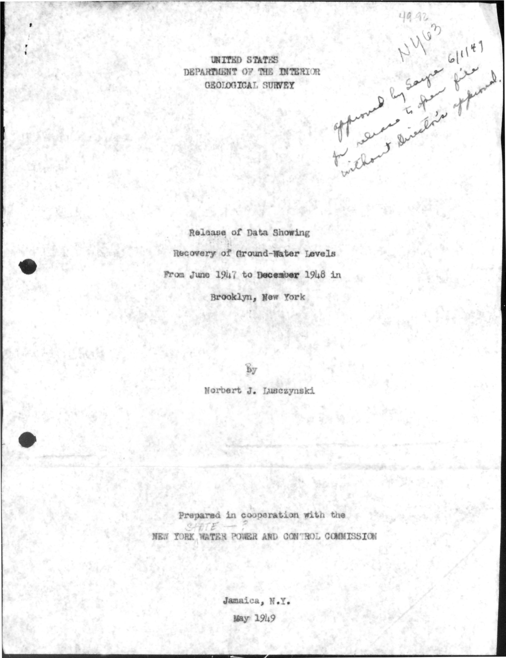 Release of Data Showing Recovery of Ground-Water Levels from June 1947 to December 1948 in Brooklyn, New York