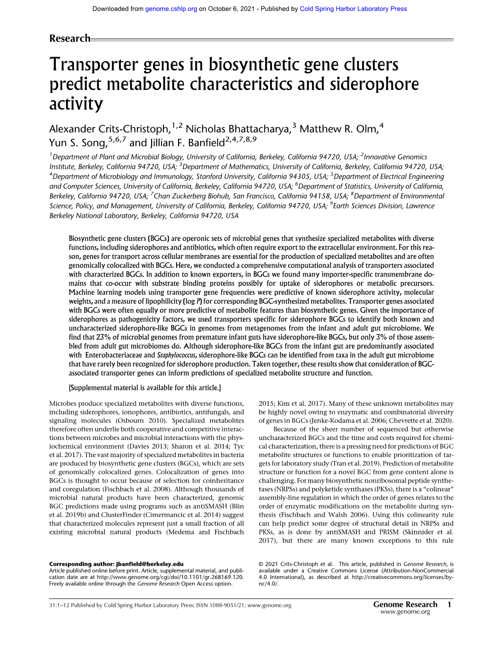 Transporter Genes in Biosynthetic Gene Clusters Predict Metabolite Characteristics and Siderophore Activity