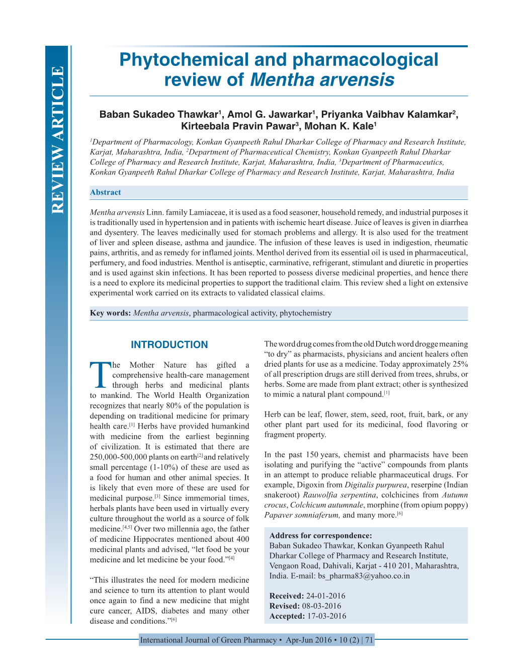 Phytochemical and Pharmacological Review of Mentha Arvensis