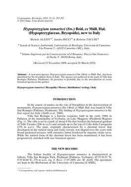 Hypopterygium Tamarisci (Sw.) Brid. Ex Müll. Hal. (Hypopterygiaceae, Bryopsida), New to Italy