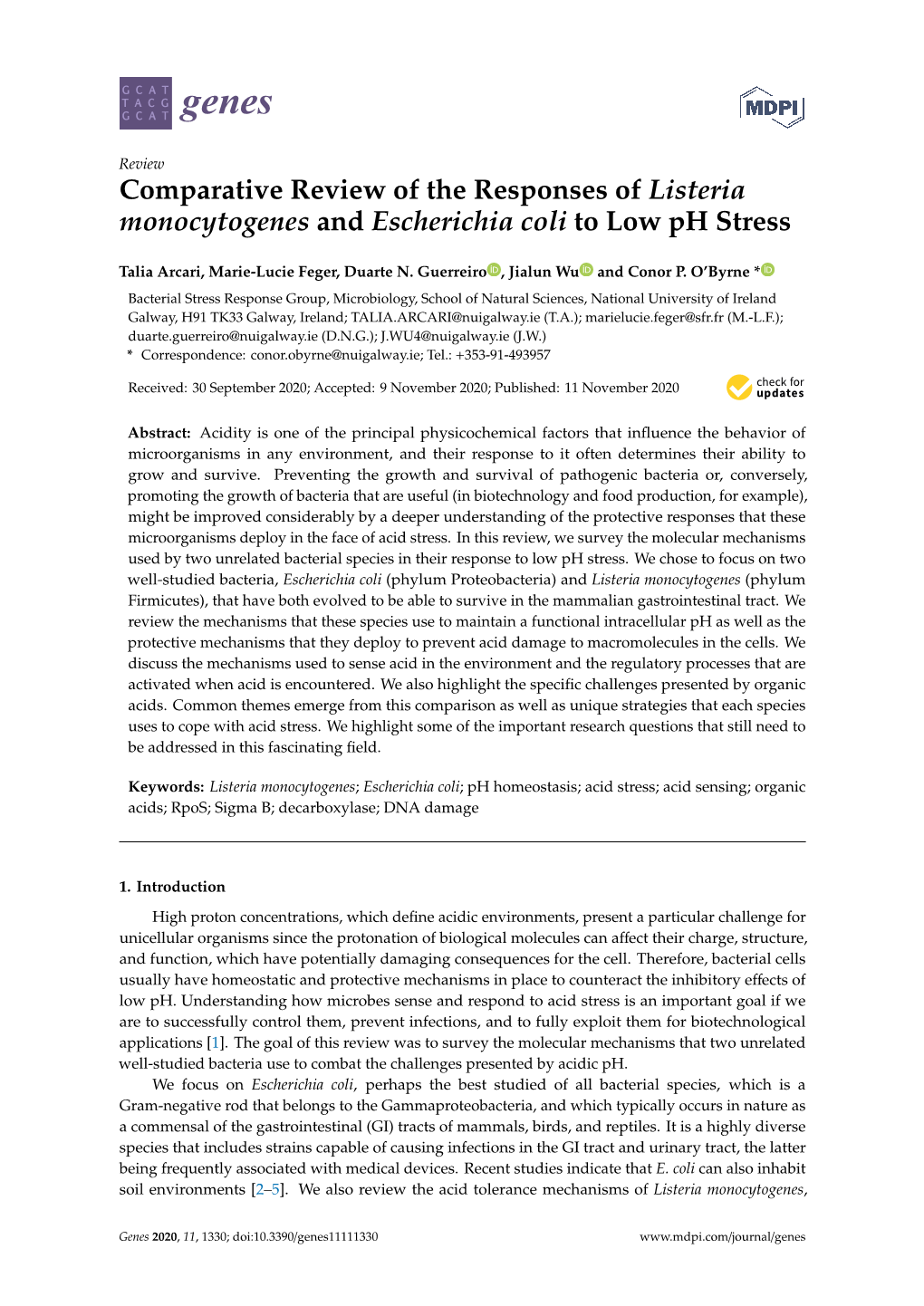 Comparative Review of the Responses of Listeria Monocytogenes and Escherichia Coli to Low Ph Stress