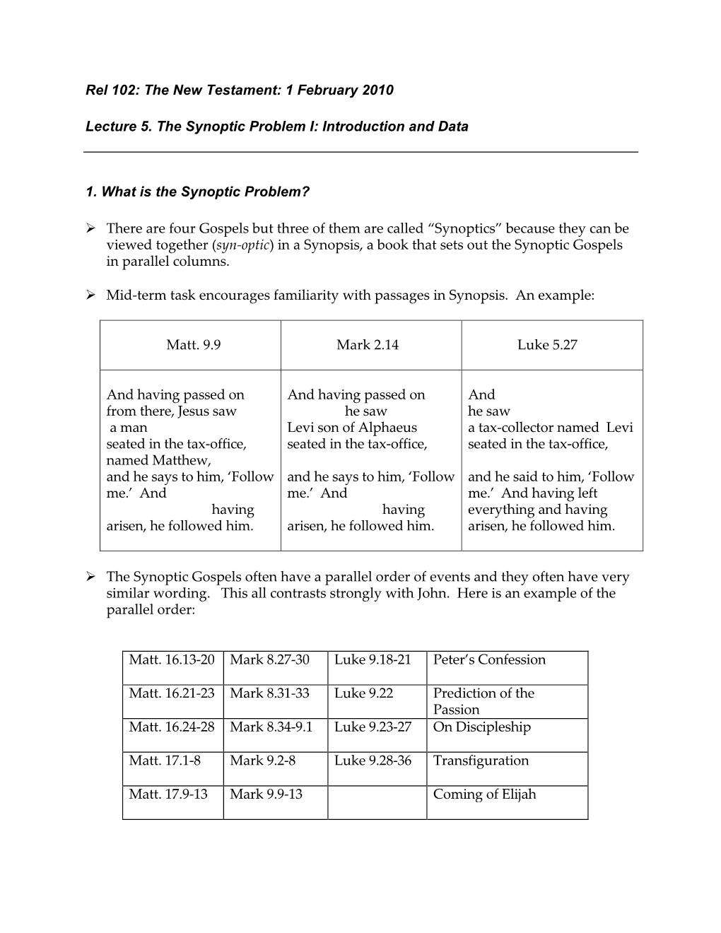 1 February 2010 Lecture 5. the Synoptic Problem I