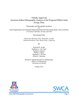 Tribally Approved American Indian Ethnographic Analysis of the Proposed Millers Solar Energy Zone