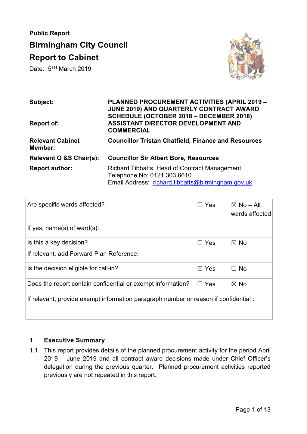 Birmingham City Council Report to Cabinet Date: 5TH March 2019