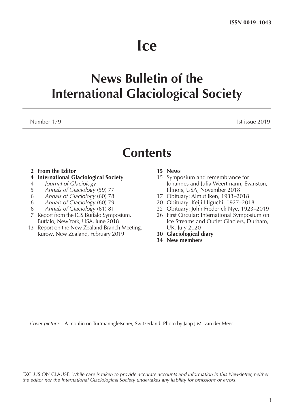 Ice News Bulletin of the International Glaciological Society