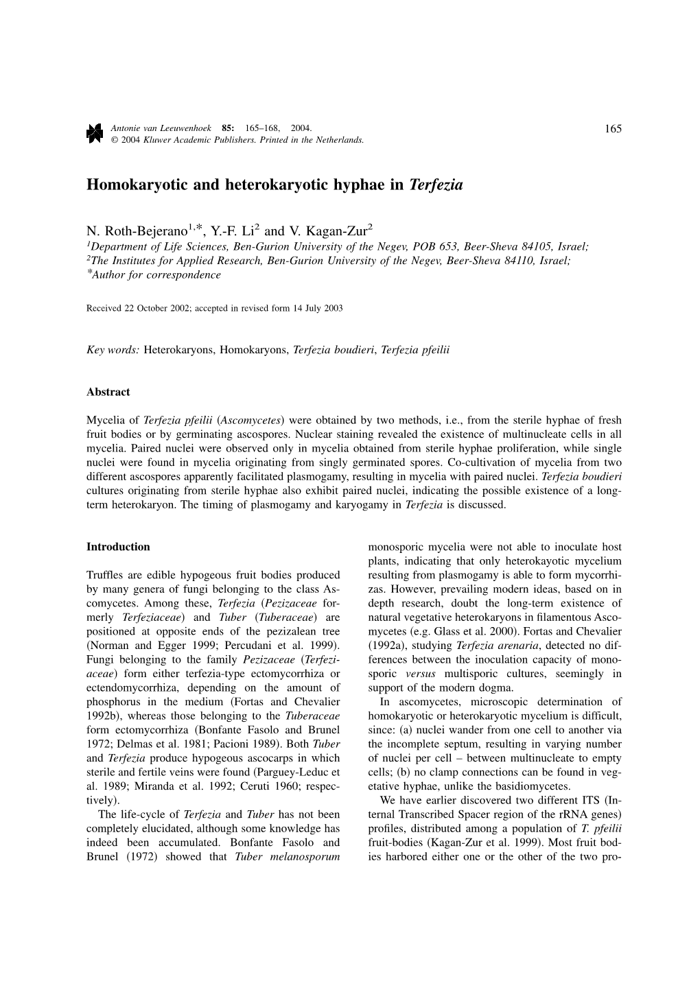 Homokaryotic and Heterokaryotic Hyphae in Terfezia