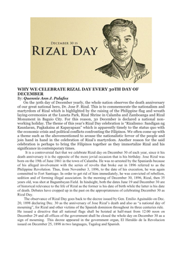 WHY WE CELEBRATE RIZAL DAY EVERY 30TH DAY of DECEMBER By: Quennie Ann J