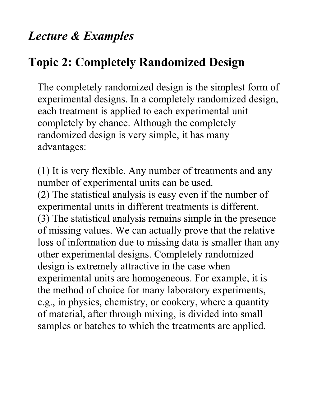 Topic 2: Completely Randomized Design