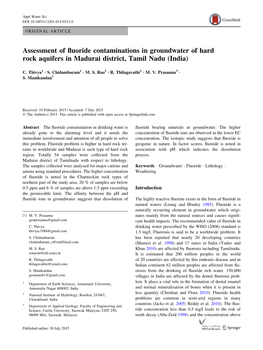 Assessment of Fluoride Contaminations in Groundwater of Hard Rock