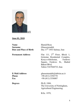 CV June 01, 2018 Name Hamid Reza Surname Ghassemzadeh Date And