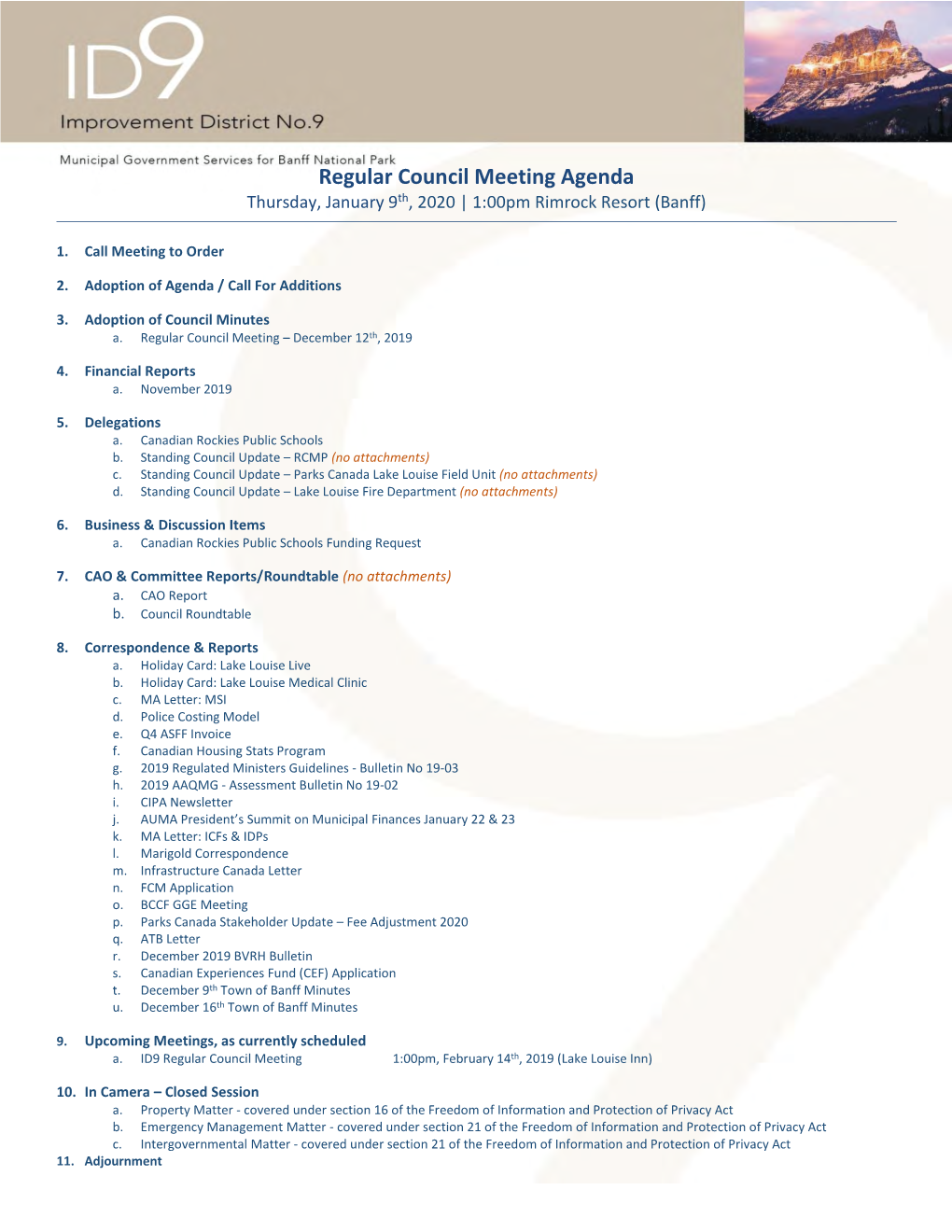 Regular Council Meeting Agenda Thursday, January 9Th, 2020 | 1:00Pm Rimrock Resort (Banff)