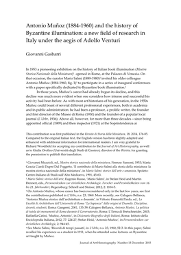 Antonio Muñoz (1884-1960) and the History of Byzantine Illumination: a New Field of Research in Italy Under the Aegis of Adolfo Venturi