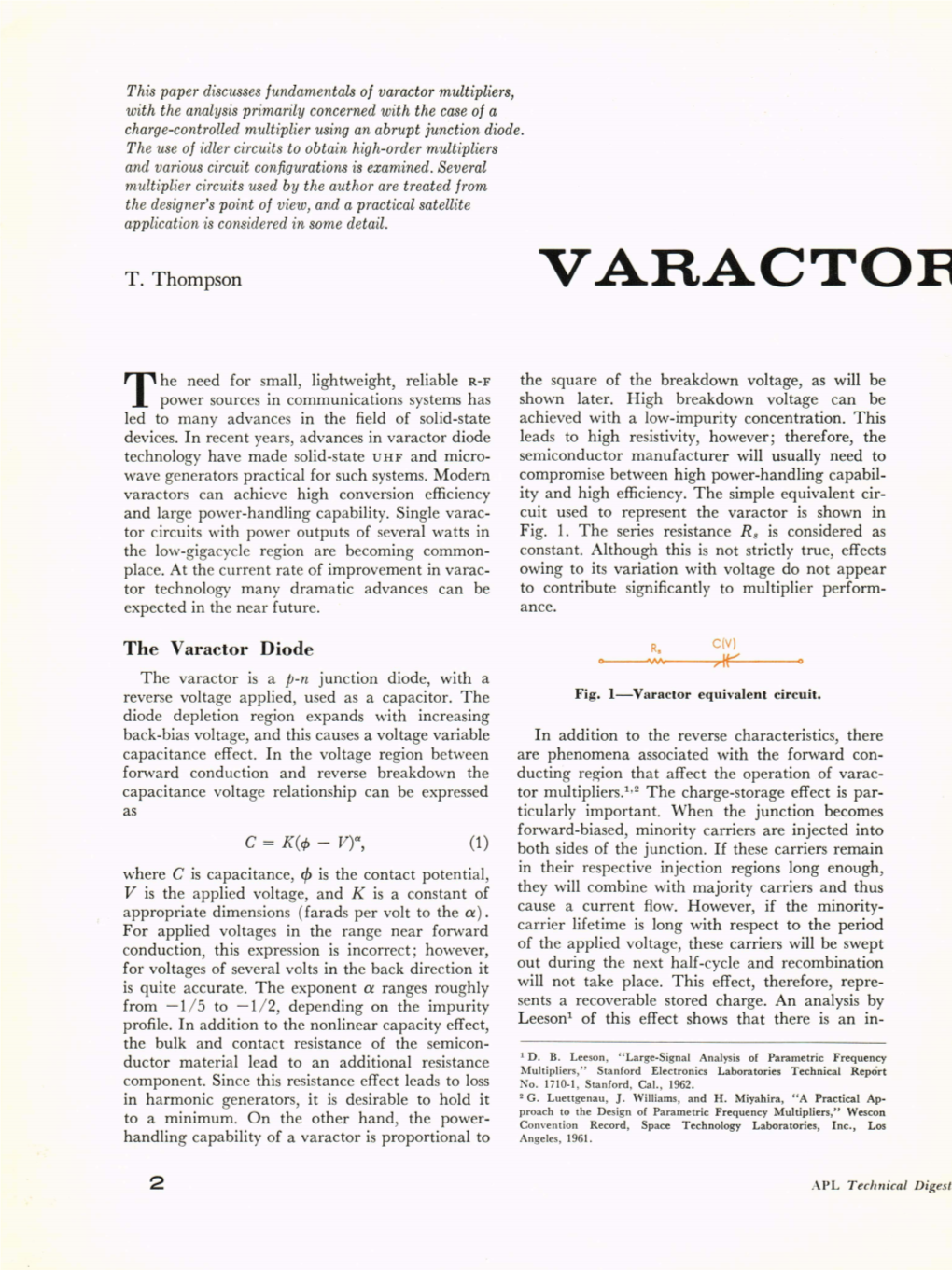 Varactor Multipliers, with the Analysis Primarily Concerned with the Case of a Charge-Controlled Multiplier Using an Abrupt Junction Diode