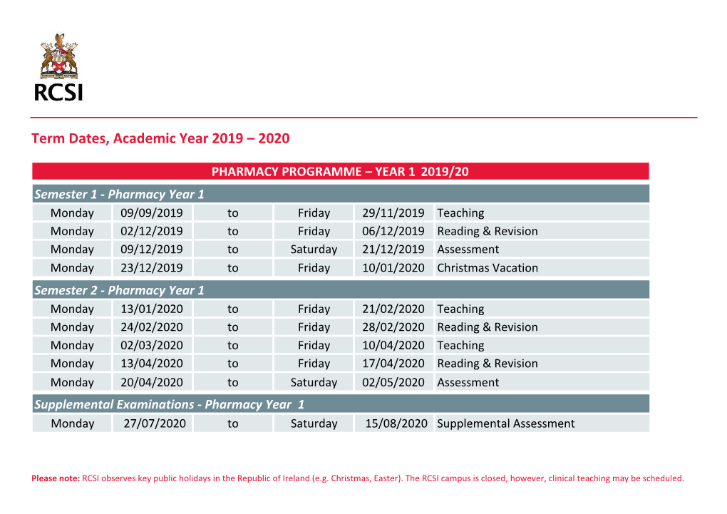 Term Dates, Academic Year 2019 – 2020