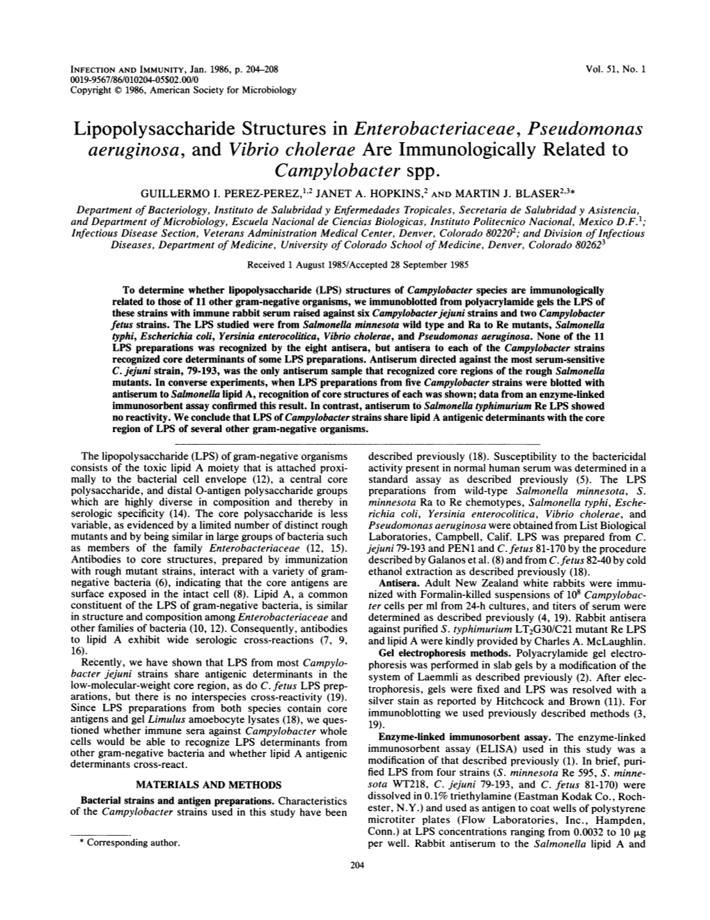 Lipopolysaccharide Structures in Enterobacteriaceae, Pseudomonas Aeruginosa, and Vibrio Cholerae Are Immunologically Related to Campylobacter Spp