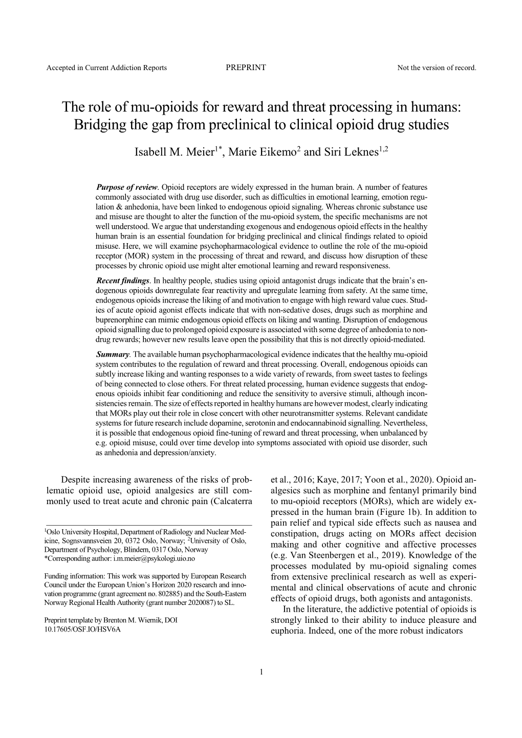 The Role of Mu-Opioids for Reward and Threat Processing in Humans: Bridging the Gap from Preclinical to Clinical Opioid Drug Studies