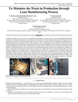 To Minimize the Waste in Production Through Lean Manufacturing Process (IJIRST/ Volume 5 / Issue 12 / 009)