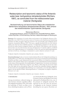 Redescription and Taxonomic Status of the Antarctic Water-Bear Isohypsibius Tetradactyloides (Richters, 1907), As Concluded From