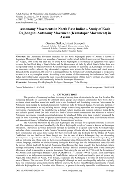 Autonomy Movements in North East India: a Study of Koch Rajbongshi Autonomy Movement (Kamatapur Movement) in Assam