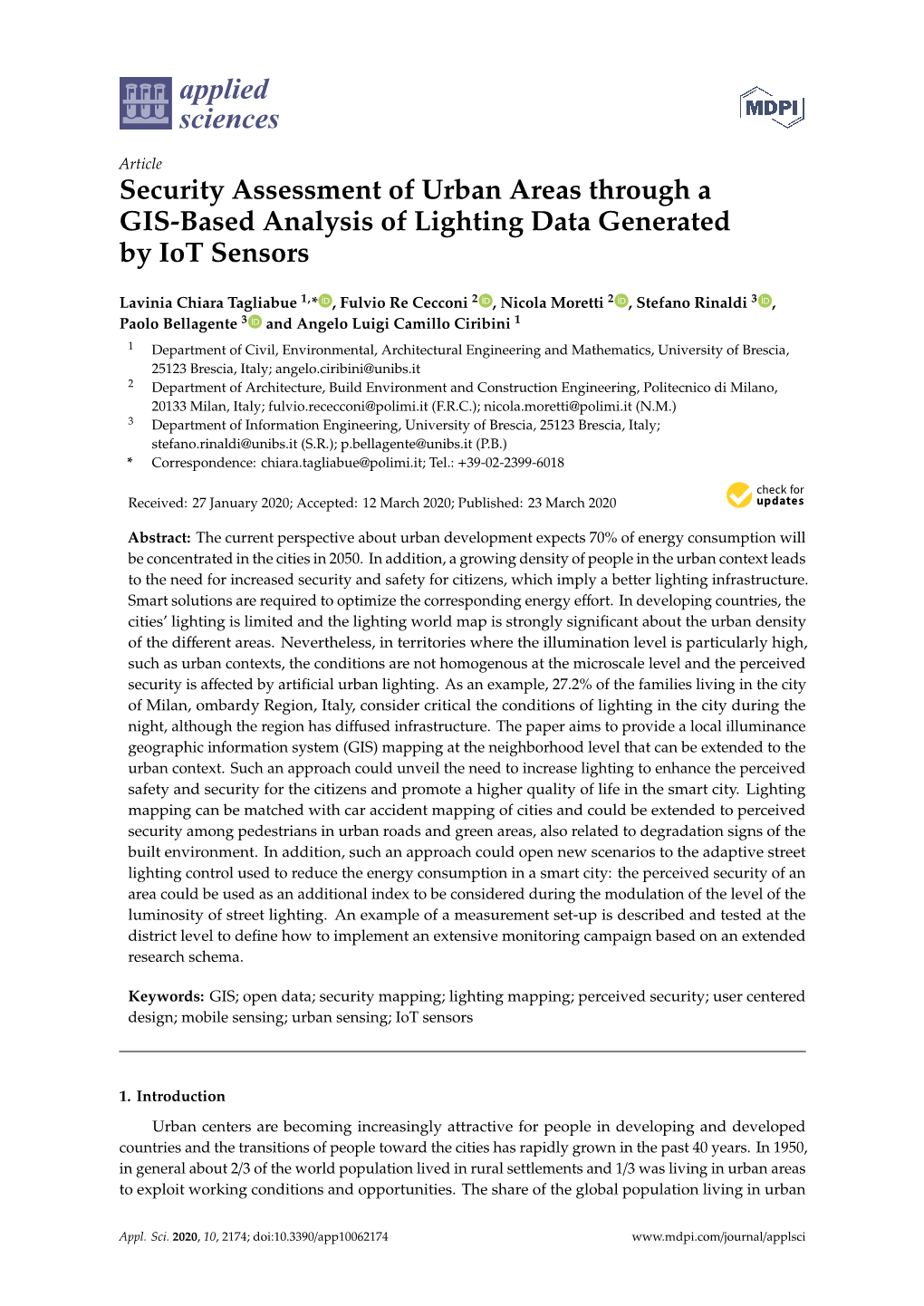 Security Assessment of Urban Areas Through a GIS-Based Analysis of Lighting Data Generated by Iot Sensors