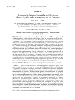 Trophobiosis Between Formicidae and Hemiptera (Sternorrhyncha and Auchenorrhyncha): an Overview