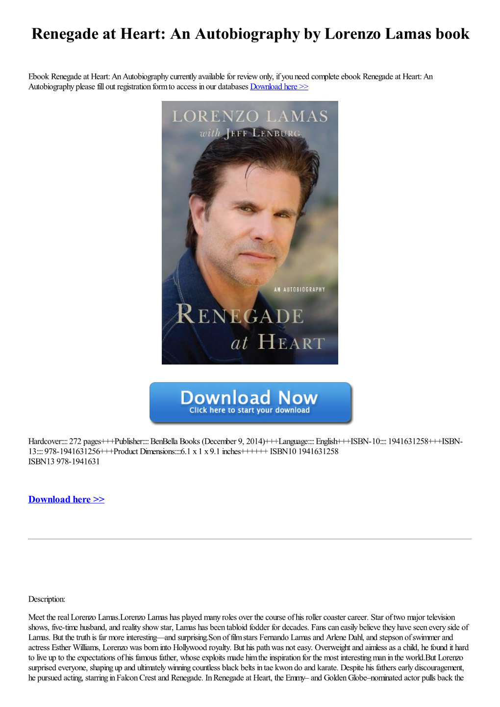 Renegade at Heart: an Autobiography by Lorenzo Lamas Book