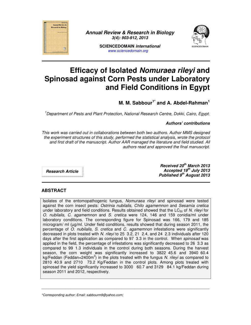 Efficacy of Isolated Nomuraea Rileyi and Spinosad Against Corn Pests Under Laboratory and Field Conditions in Egypt