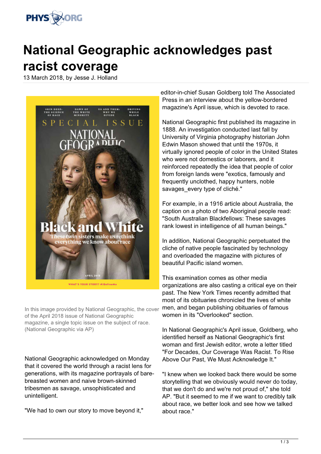 National Geographic Acknowledges Past Racist Coverage 13 March 2018, by Jesse J