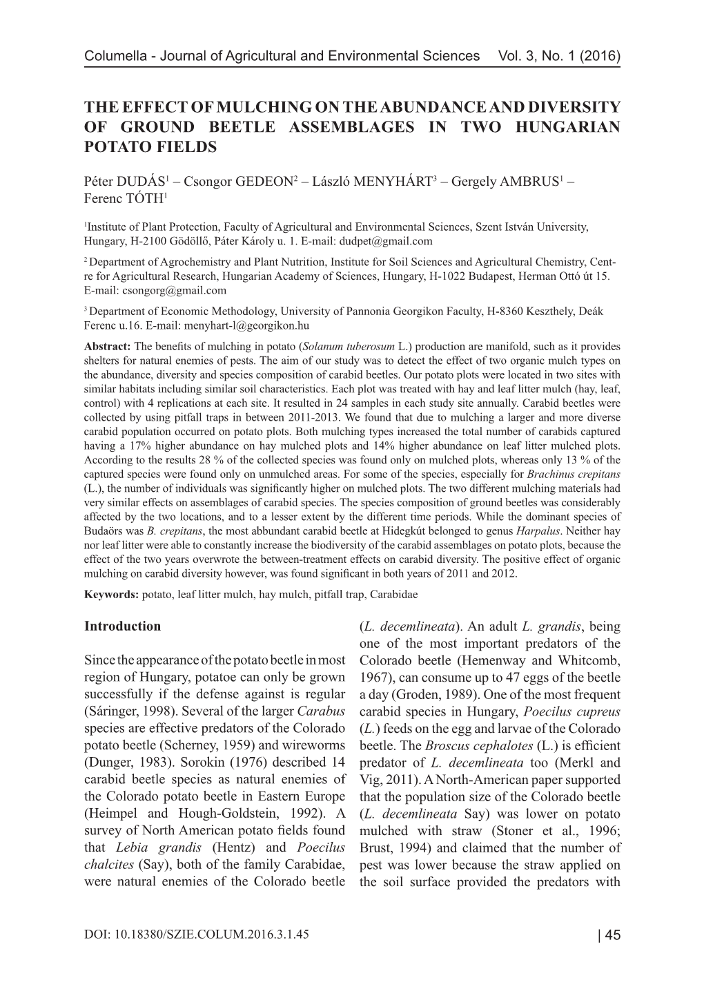 The Effect of Mulching on the Abundance and Diversity of Ground Beetle Assemblages in Two Hungarian Potato Fields