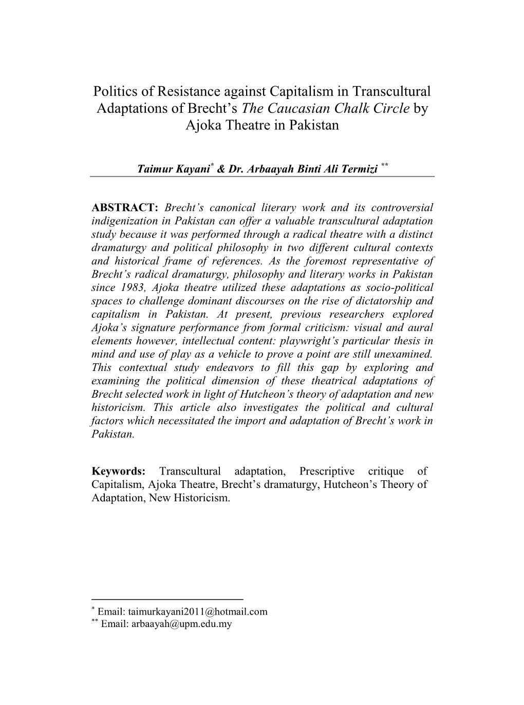 Politics of Resistance Against Capitalism in Transcultural Adaptations of Brecht’S the Caucasian Chalk Circle by Ajoka Theatre in Pakistan