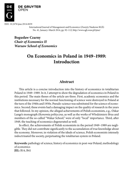 On Economics in Poland in 1949–1989: Introduction
