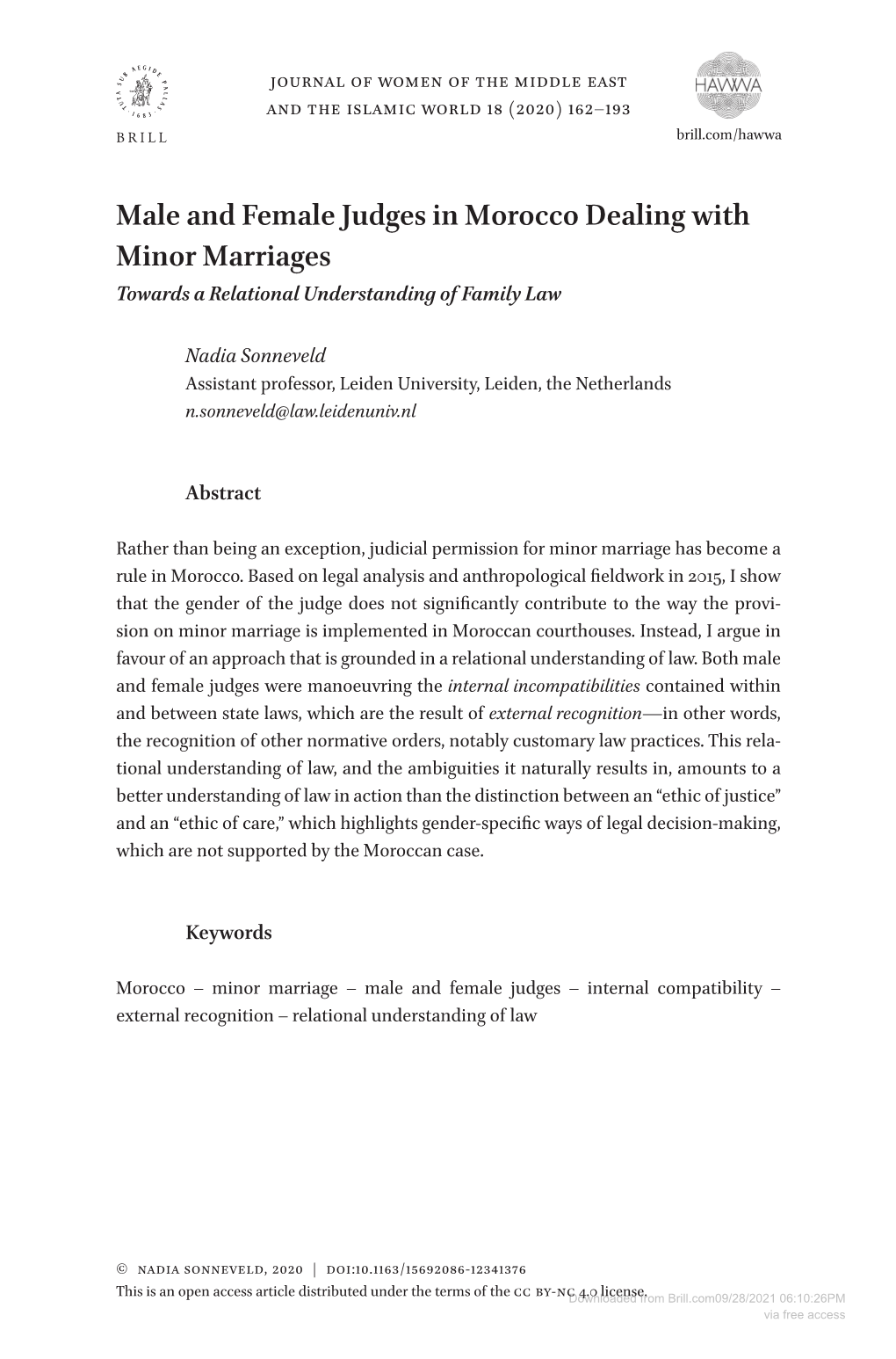 Male and Female Judges in Morocco Dealing with Minor Marriages Towards a Relational Understanding of Family Law