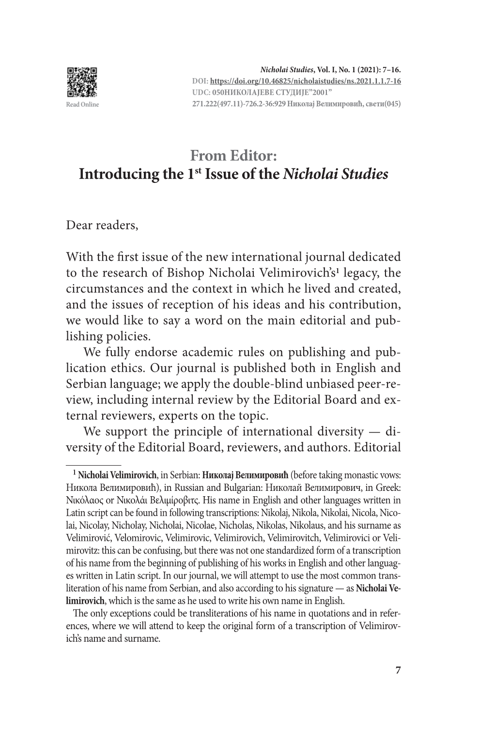 From Editor: Introducing the 1St Issue of the Nicholai Studies