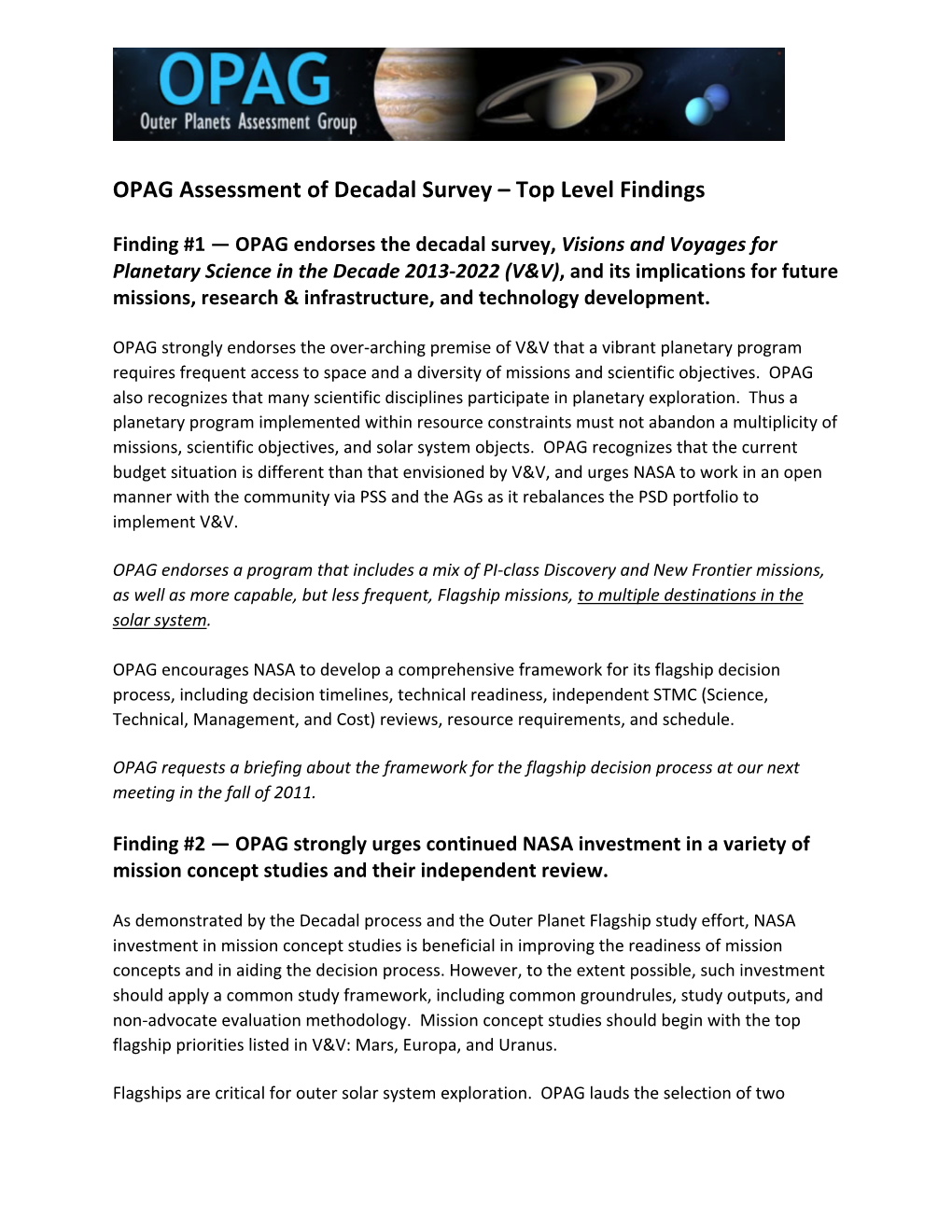 OPAG Assessment of Decadal Survey – Top Level Findings