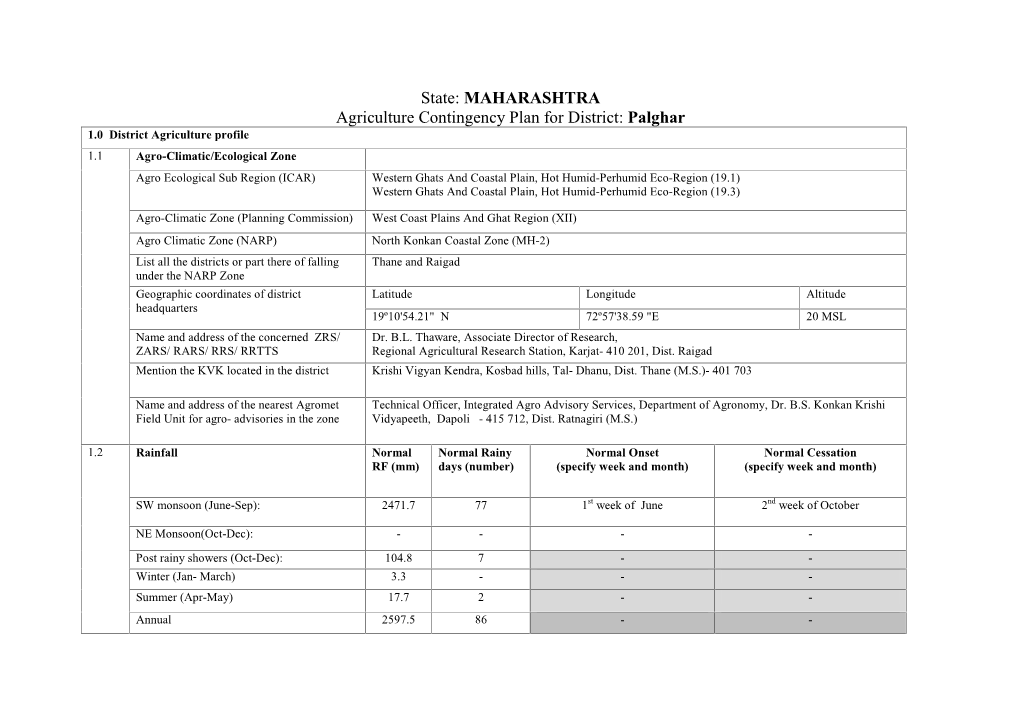 State: MAHARASHTRA Agriculture Contingency Plan for District: Palghar